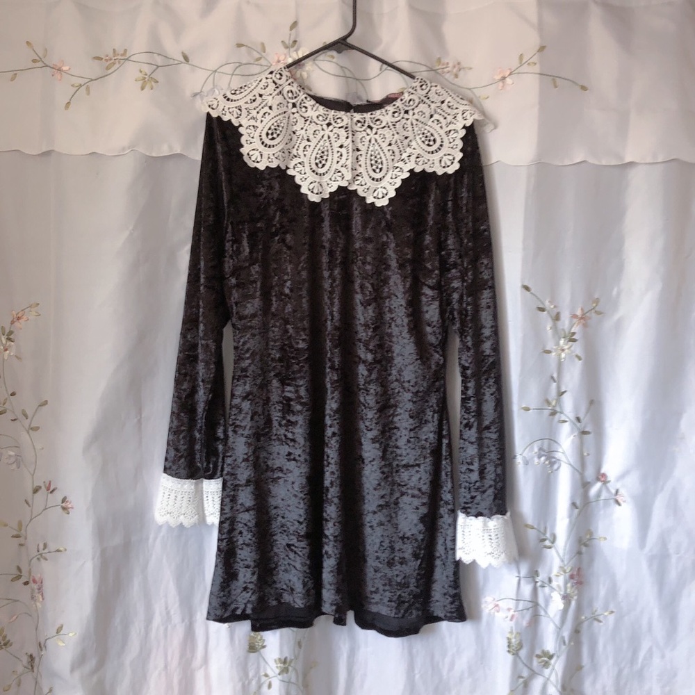 NWT Black Velvet Mini Crochet Collared Dress Sz 2X/XL Halloween Costume Outfit
